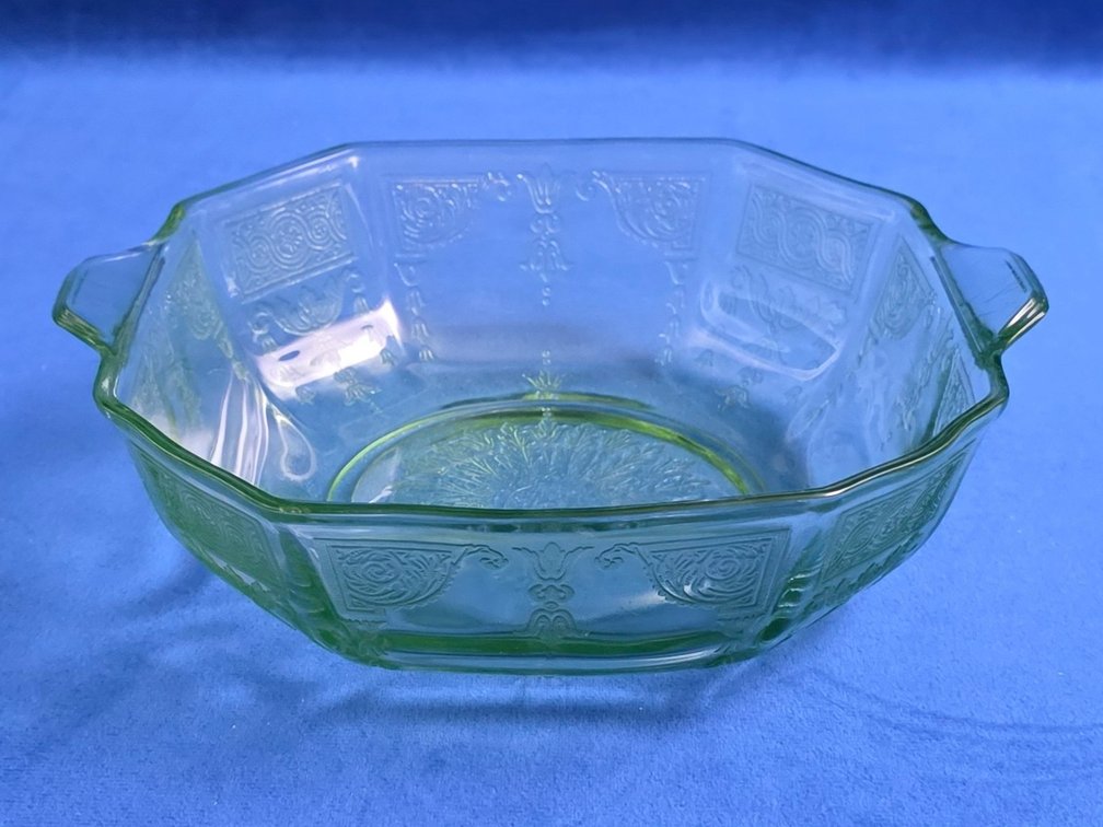 Vintage "Princess" Pattern Green Uranium Glass Octagonal Serving Bowl