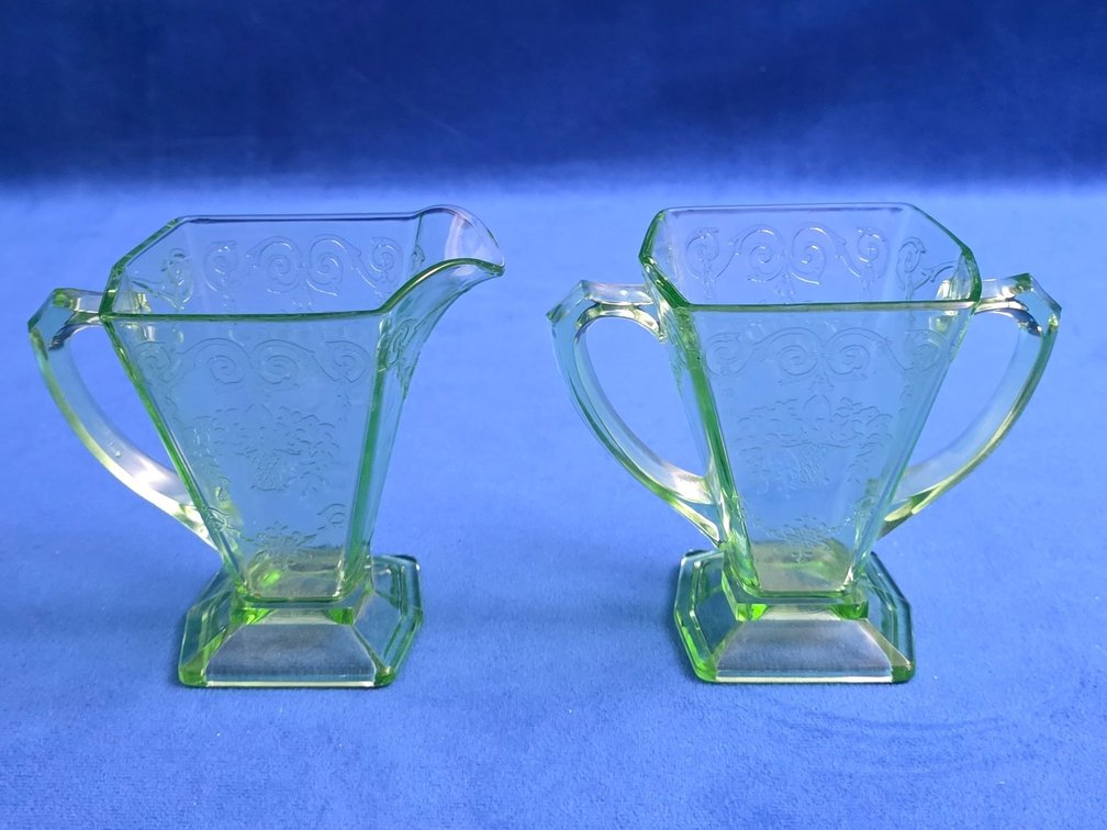 Vintage Sugar and Creamer Set, Lorain Green/"Basket" Pattern, Green Uranium Glass