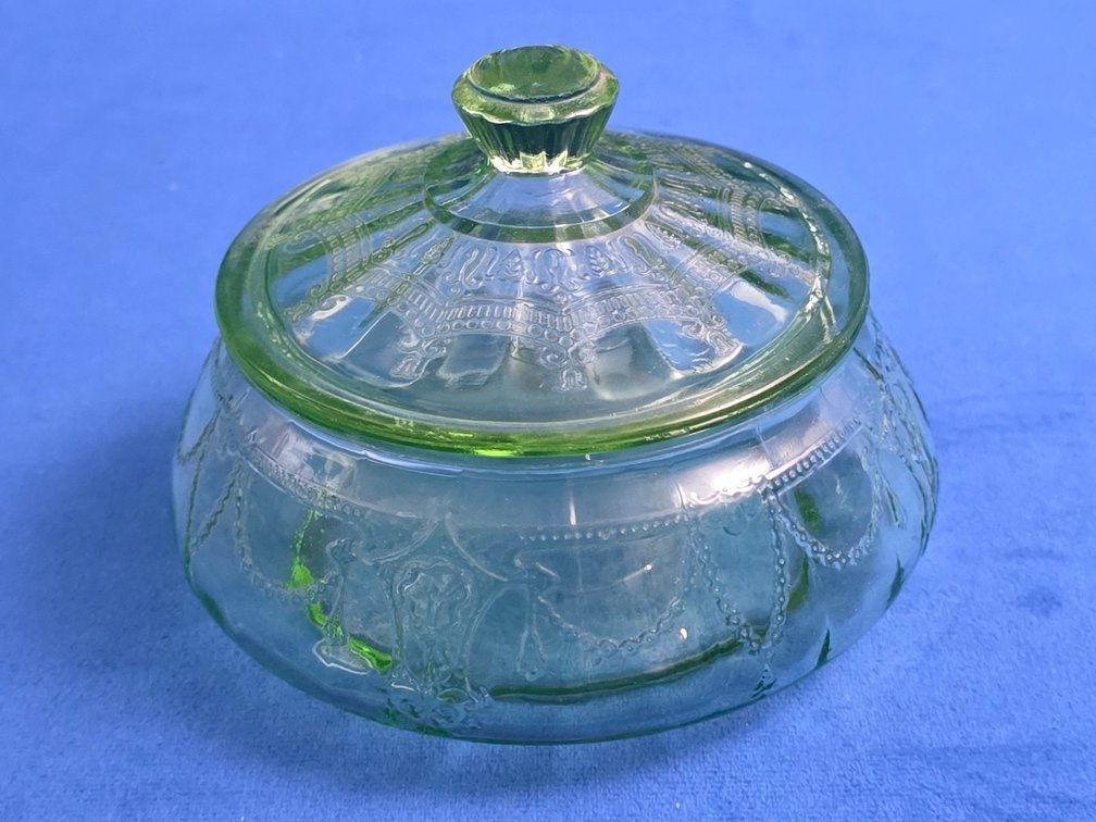 "Cameo" Green Uranium Depression Glass Candy Dish with Lid.