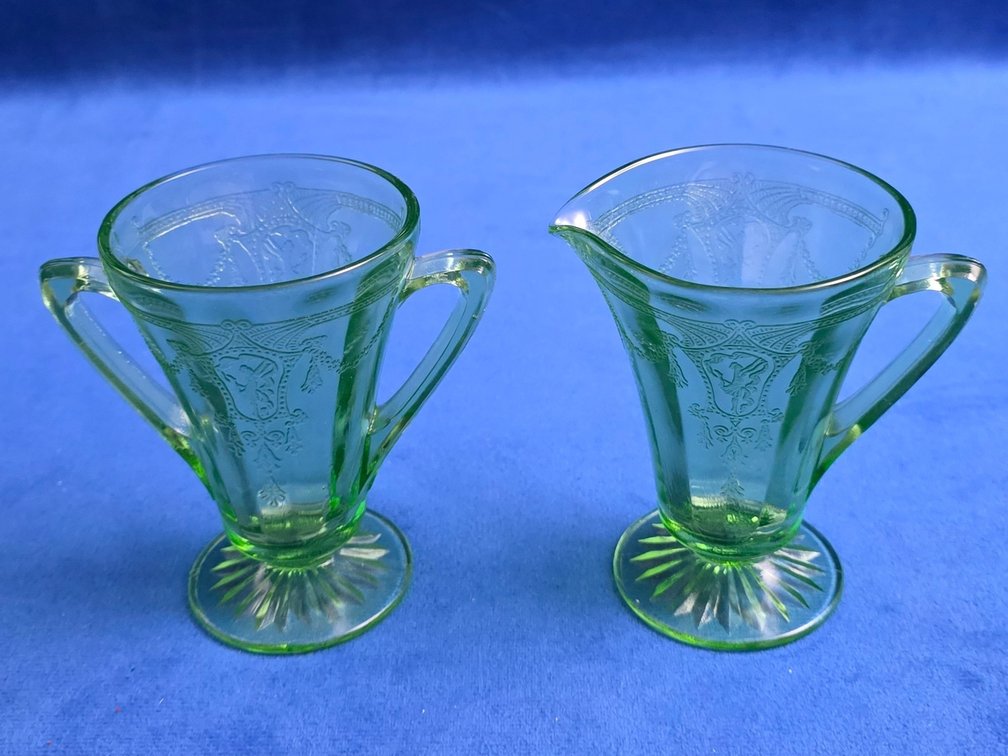 Vintage "Cameo" Green Uranium Glass Sugar and Creamer set.