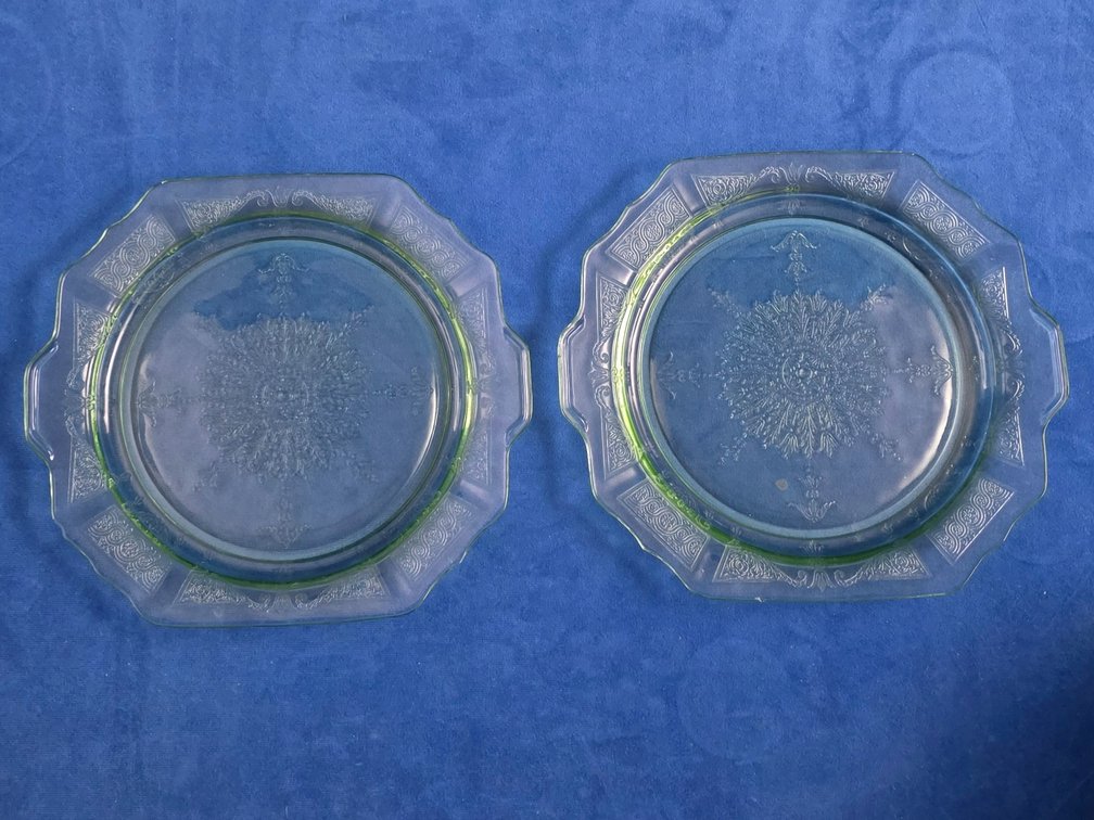 (2)  "Princess" Green Uranium Glass Plates