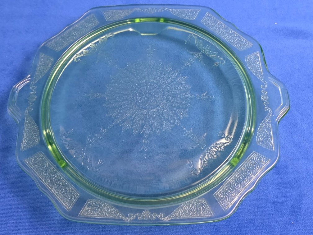 Vintage Green Uranium Glass Cake Plate in the "Princess" pattern.