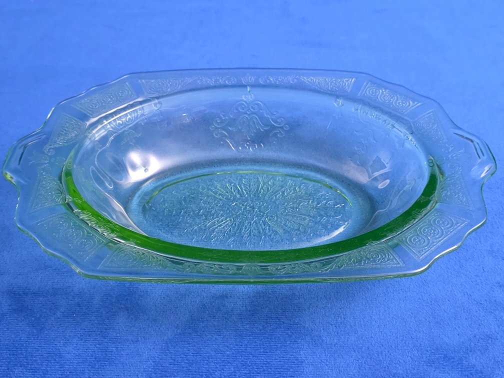 "Princess" Pattern Green Uranium Glass Oval Vegetable Bowl.
