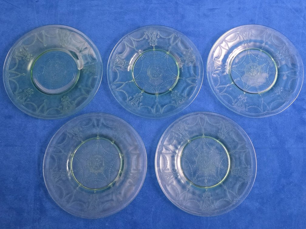(5) Vintage "Cameo" Green Uranium Glass Plates.