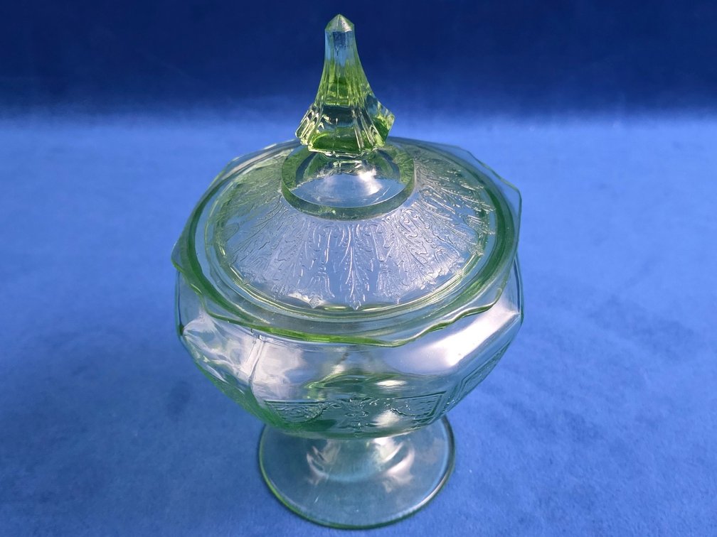 Vintage "Princess" Green Uranium Glass Covered Candy Dish.