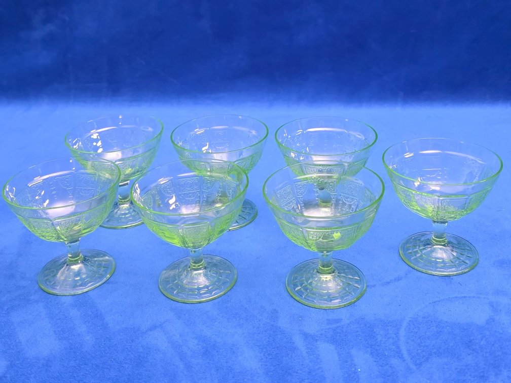 (7) Vintage "Princess" Green Uranium Glass Sherbet Glasses.