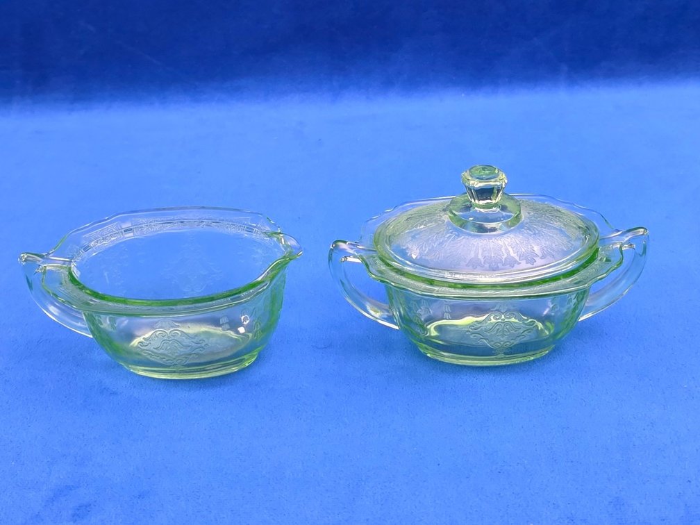Princess" Pattern Creamer and Covered sugar bowl, Green Uranium Glass.