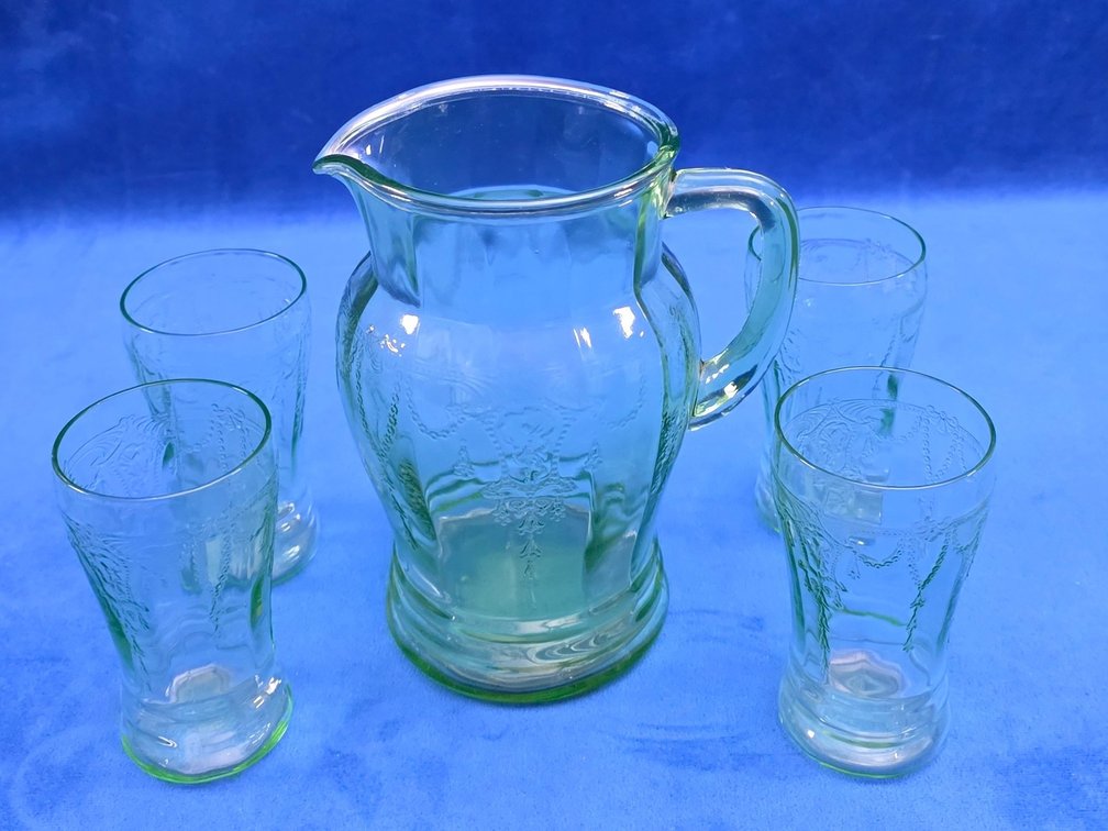 Vintage "Cameo" Pattern  Green Uranium Glass Pitcher and (4) tumblers set