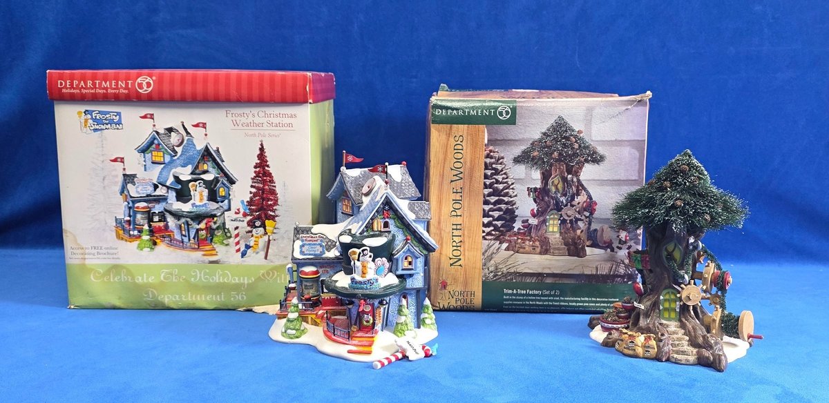 Department 56 "Frosty's Christmas Weather Station" & "Trim a Tree Factory"
