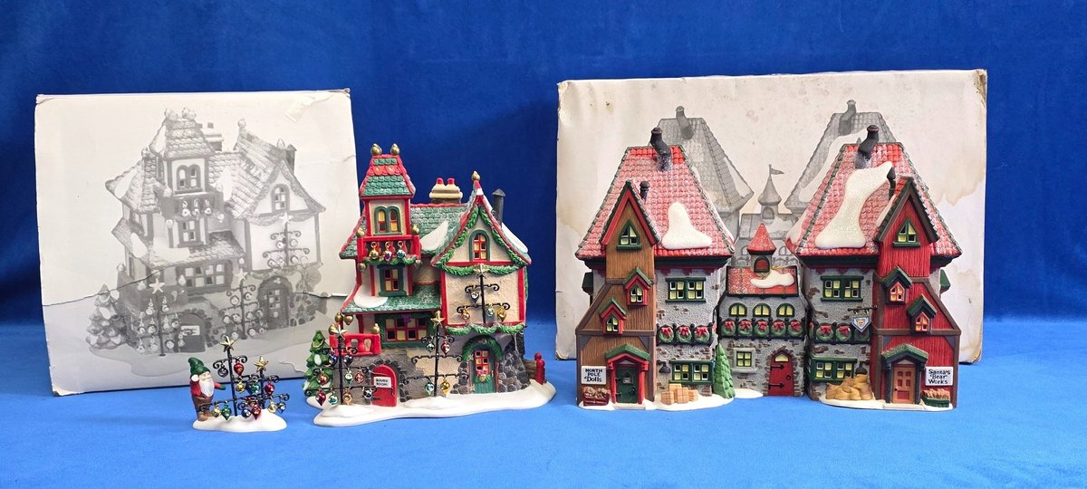 Department 56 "Glass Ornament Works" & Set of 3 "North Pole Dolls & Santa's Bear Works"