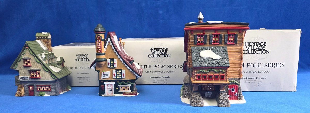 Department 56 "Elf Bunkhouse", "Elfin Snow Cone Works" & "Elves Trade School"