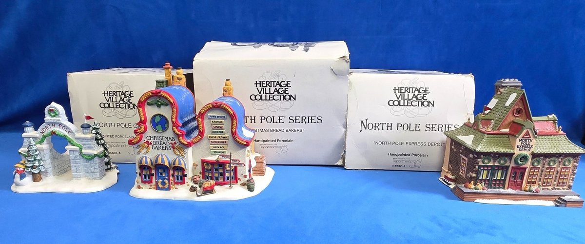 Department 56 "North Pole Gate", "Christmas Bread Bakers" & "North Pole Express Depot"