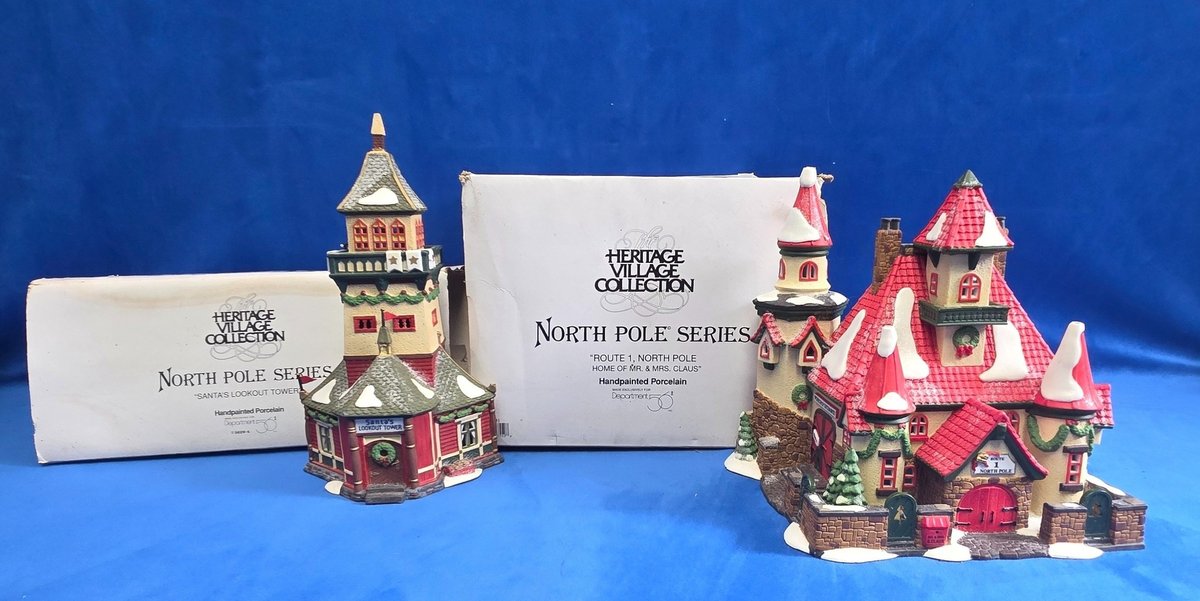 Department 56 "Santa's Lookout Tower" & "Route 1, North Pole, Home of Mr. & Mrs. Claus"