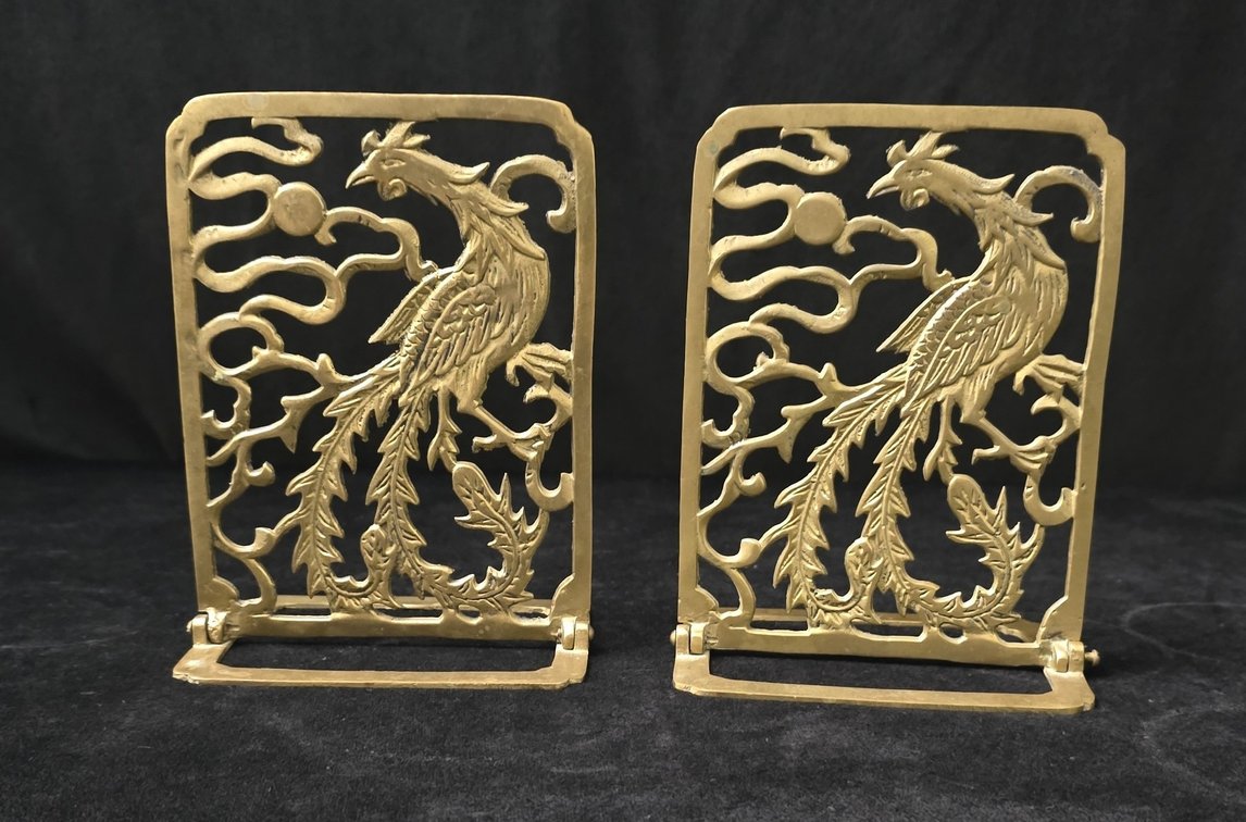 Set of Vintage Brass Engraved Phoenix Bookends