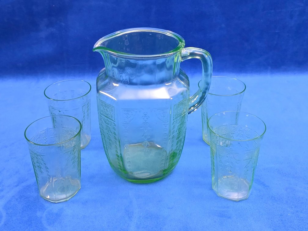 Vintage "Princess" Green Uranium Glass Pitcher with (4) Tumblers.