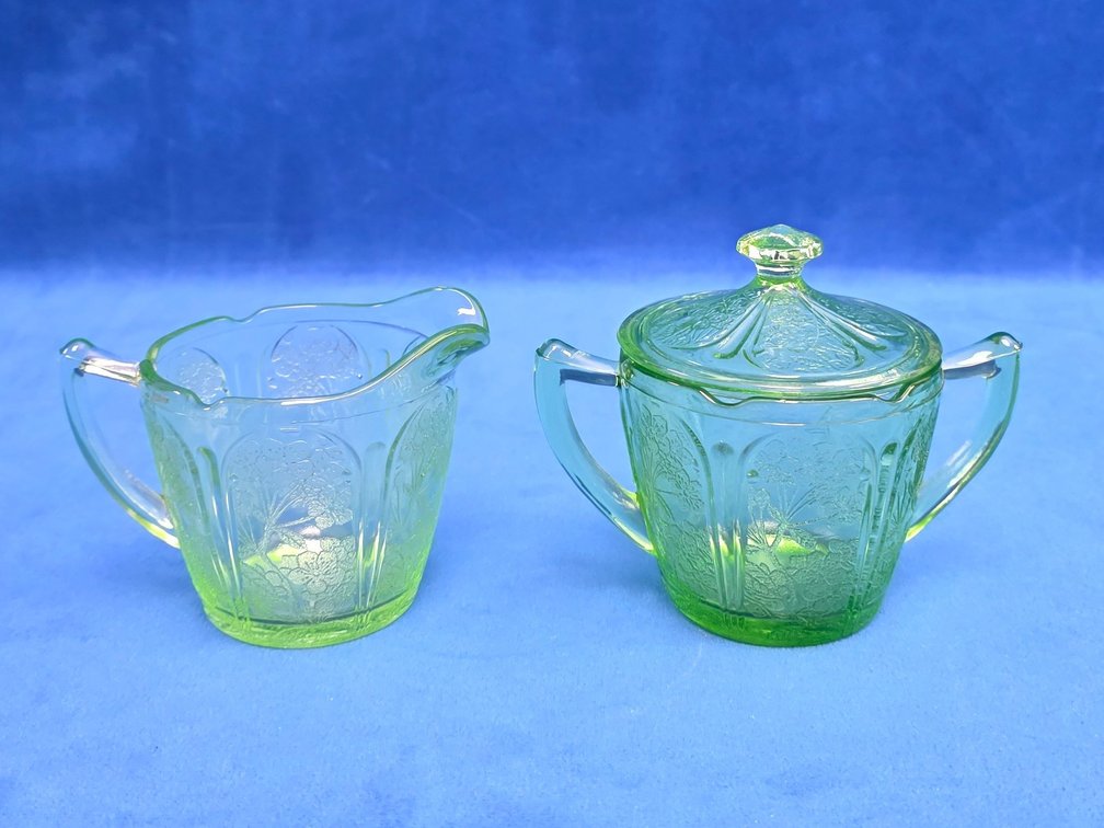 Vintage "Cherry Blossom" Uranium Glass Creamer and Covered Sugar Bowl Set.
