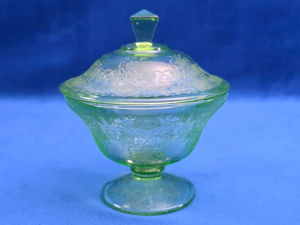 "Florentine" Green Uranium Glass Covered Candy Dish.