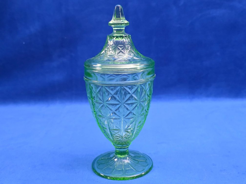 Colonial Block Green Uranium Glass Covered Candy Jar.