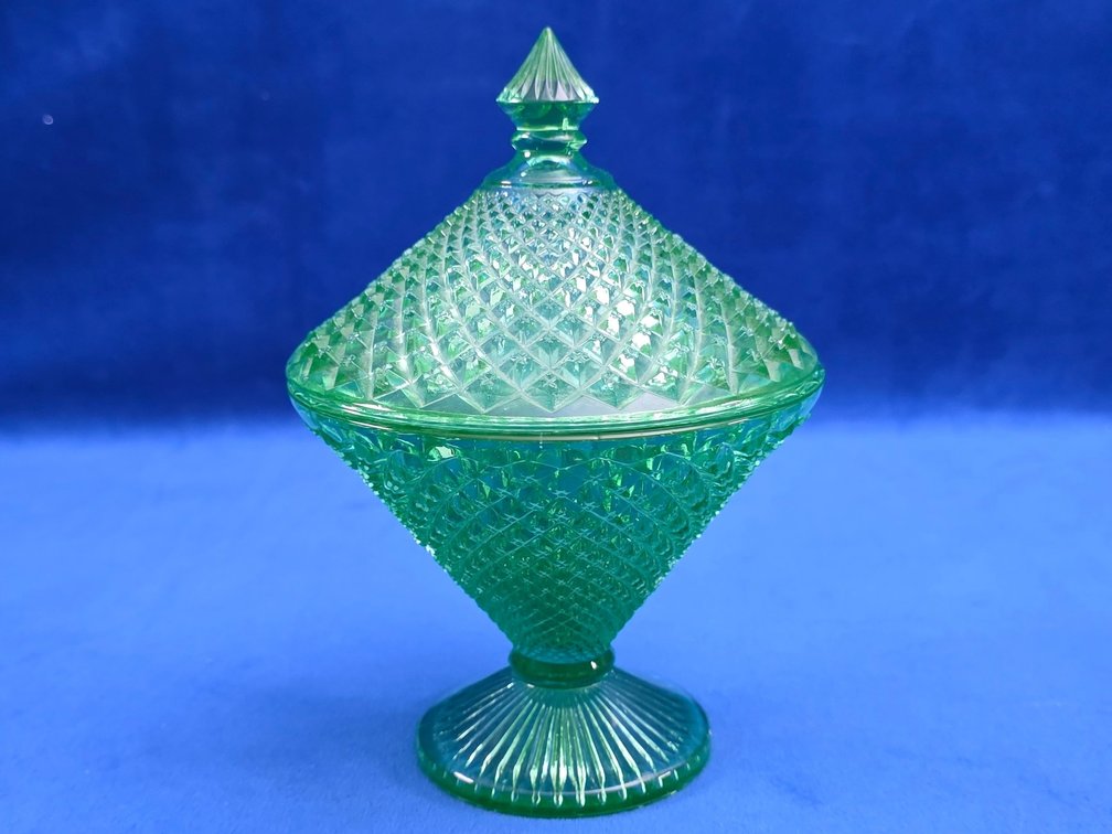 Vintage Hobnail Green Uranium Glass Candy Jar.