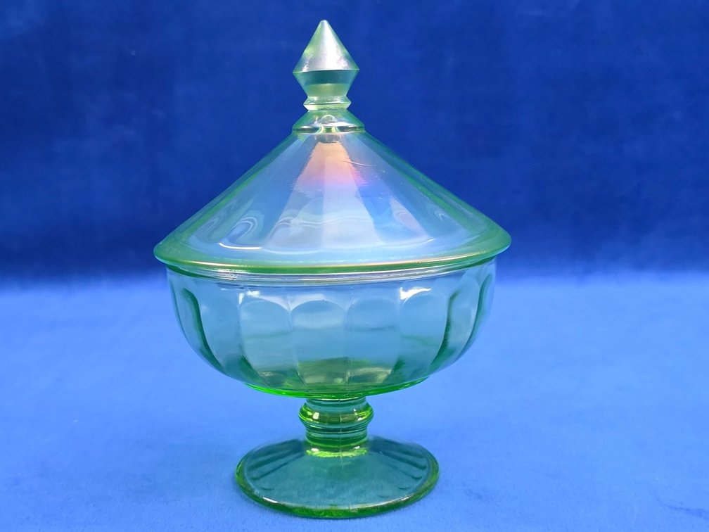 Green Uranium Glass Ribbon Candy Dish with Lid.