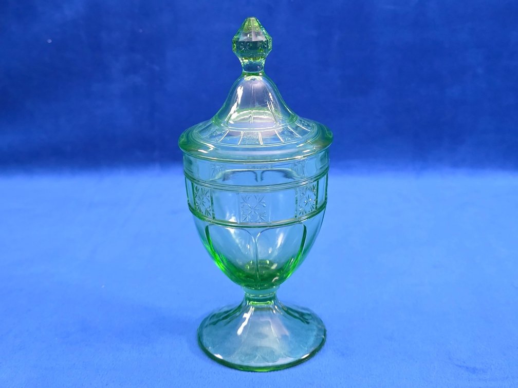 Vintage  "Colonial Block" Green Uranium Glass Candy Jar with Lid.