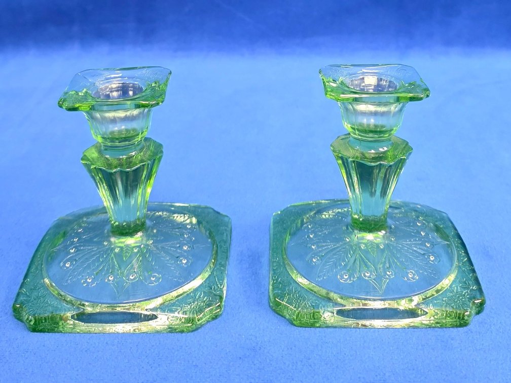 Pair of "Poinsettia"  Green Uranium Glass Candle Holders.
