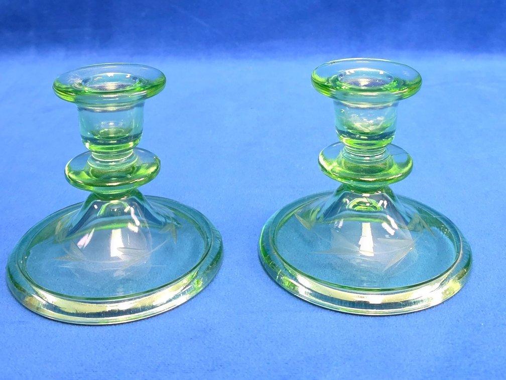 Pair of Green Uranium Glass Candle Holders.