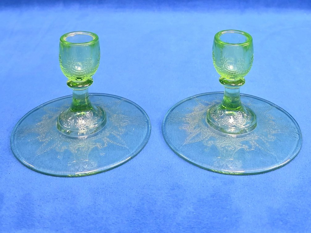 Pair of Green Uranium Glass "Cameo" Candleholders.