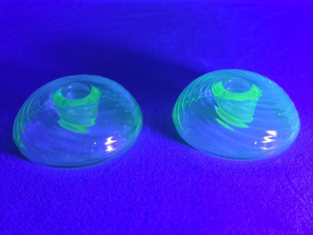 Pair of  Vintage Fostoria "Swirl" Uranium Glass Candleholders.