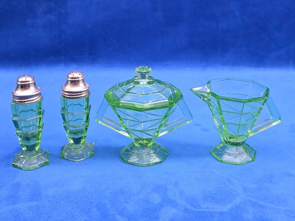 "Cracked Ice" Green Uranium Glass Sugar and Creamer set and a Pair of Salt and Pepper Shakers.
