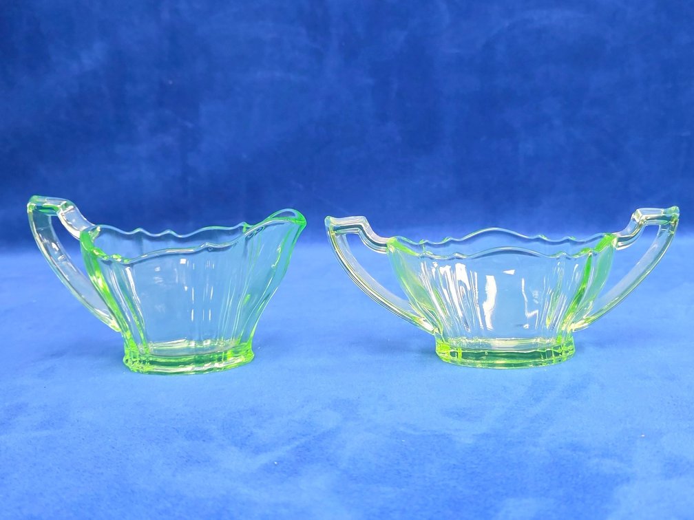Vintage Open Sugar Bowl and Creamer Set, Green Uranium Glass.