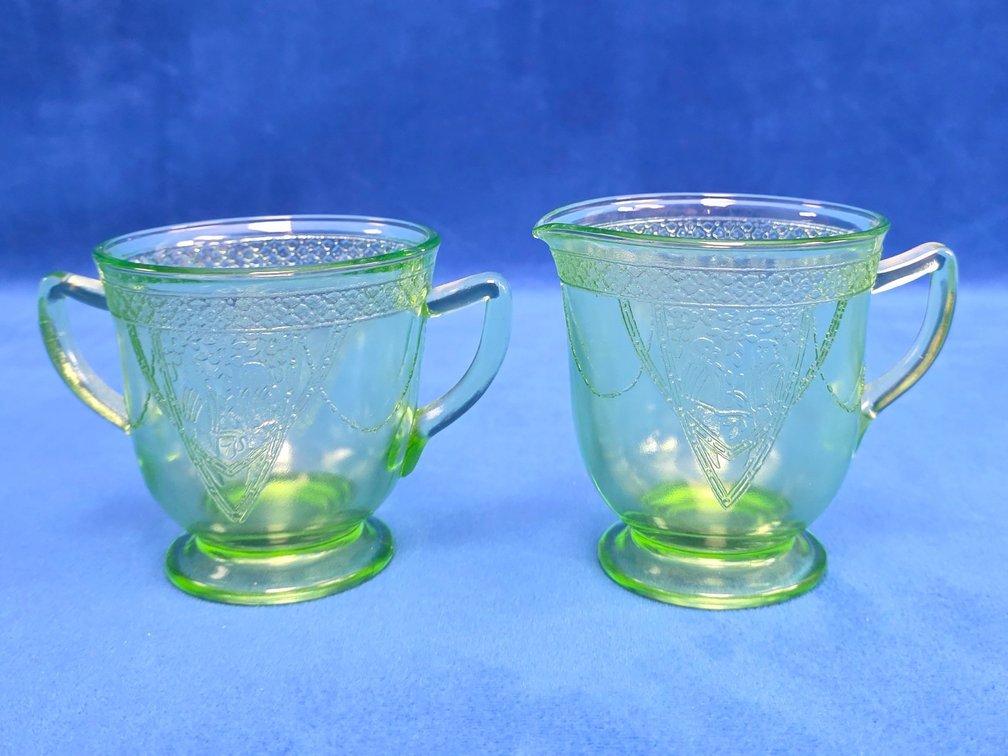 "Lovebirds" Green Uranium Glass Creamer and Sugar Set.