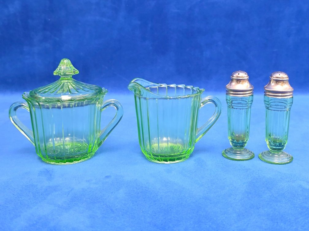 "Sierra" Green Uranium  Glass Creamer and Sugar Bowl Set with a Pair of Salt and Pepper Shakers.