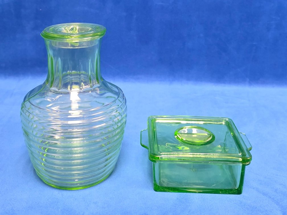 Vintage Carafe and Anchor Hocking Refrigerator Dish, Green Uranium Glass.