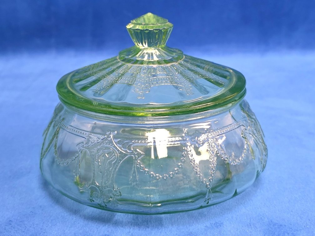 Vintage "Cameo" Candy Dish with Lid, Green Uranium Glass.