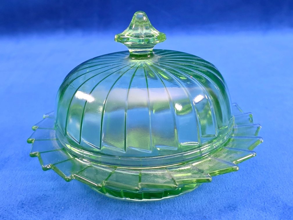 Rare "Sierra Pinwheel" Butter Dish with Lid, Green Uranium Glass