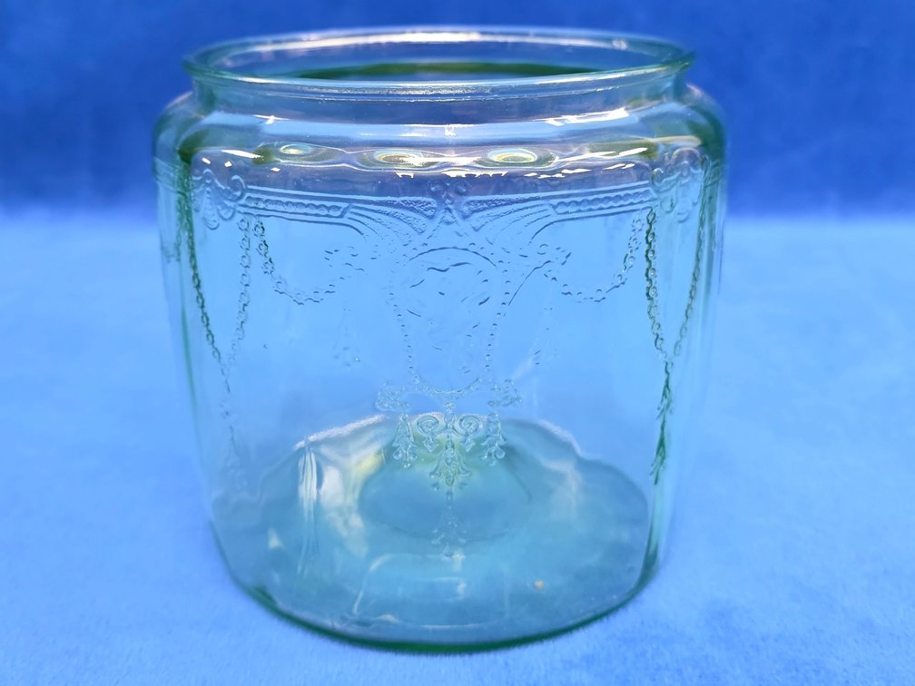 Vintage "Cameo" Pattern Green Uranium Glass Cookie Jar