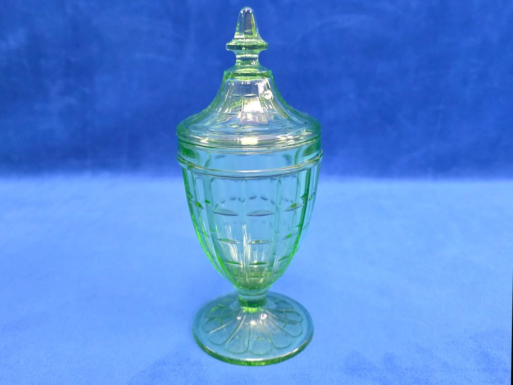 Colonial Block Green Uranium Glass Candy Jar with Lid