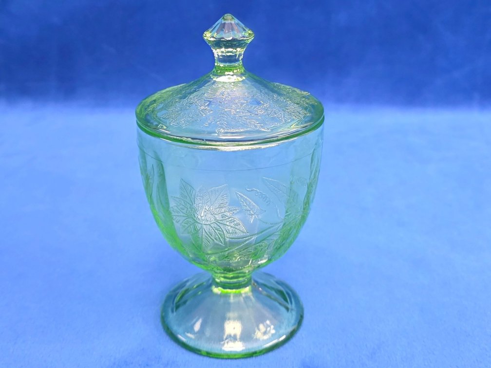 "Poinsettia" Pattern Candy Dish with Lid, Green Uranium Glass