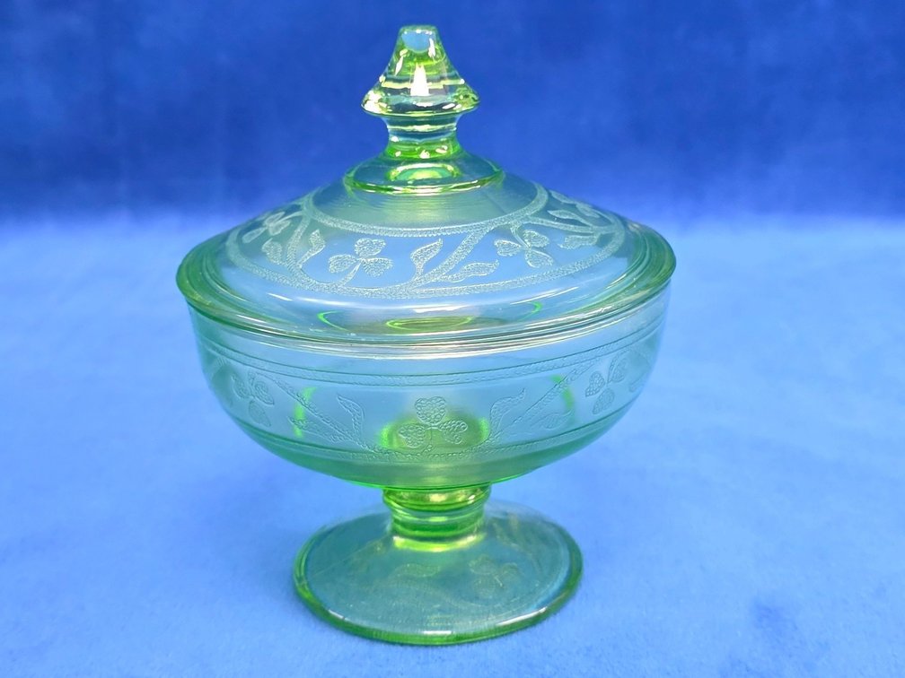 "Cloverleaf" Green Uranium Glass Candy Dish with Lid.