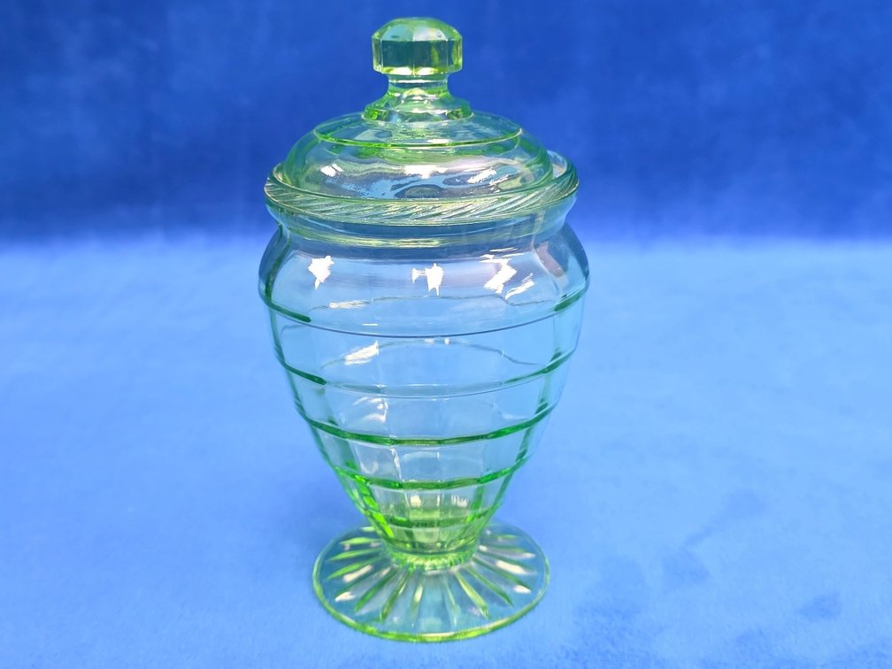 Green Uranium Glass Block Optic Covered Candy Dish