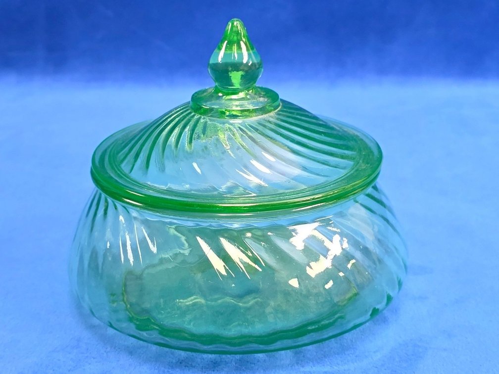 Vintage Swirl Green Uranium Glass Candy Dish  with Lid