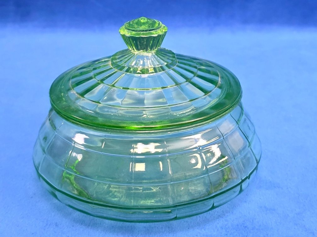 Green Uranium Glass Candy Dish with Lid.