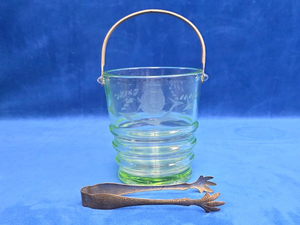 Vintage Green Uranium Glass Ice Bucket with Tongs