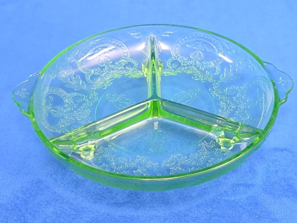 Vintage Green Uranium Glass Divided Relish Dish with "Horseshoe" pattern