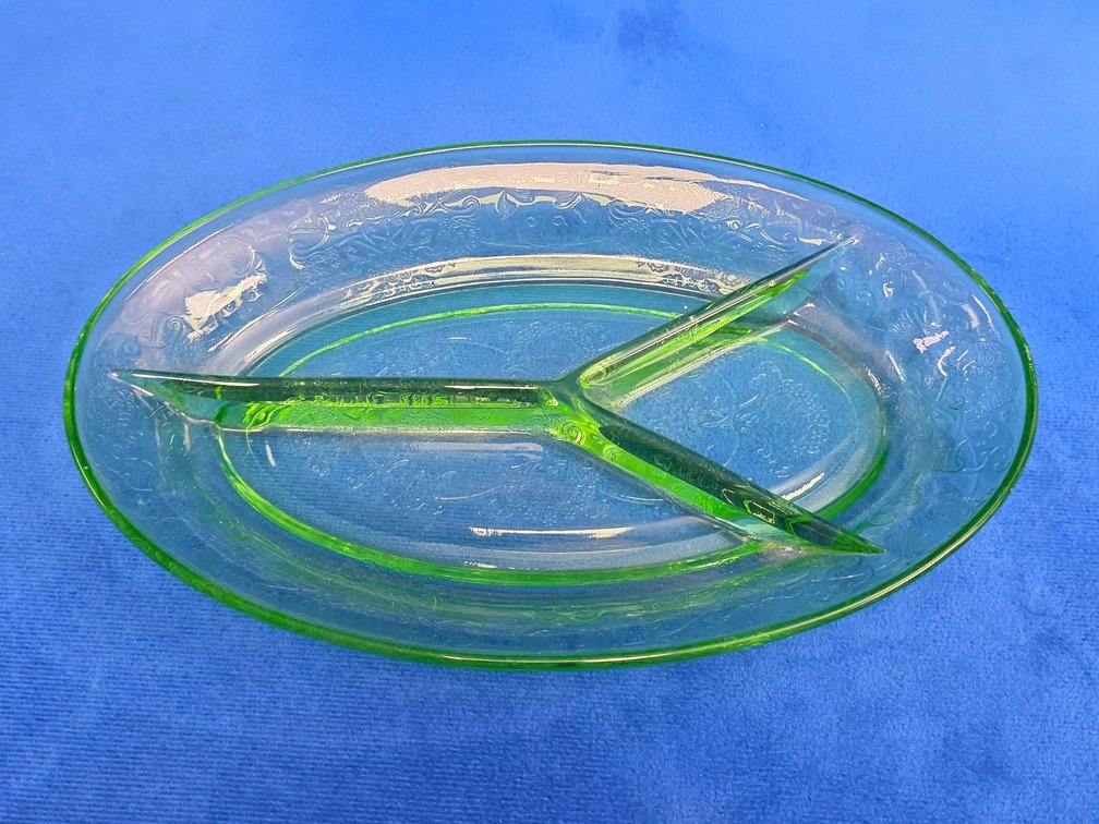 Vintage Oval Divided Relish Dish. Green Uranium Glass