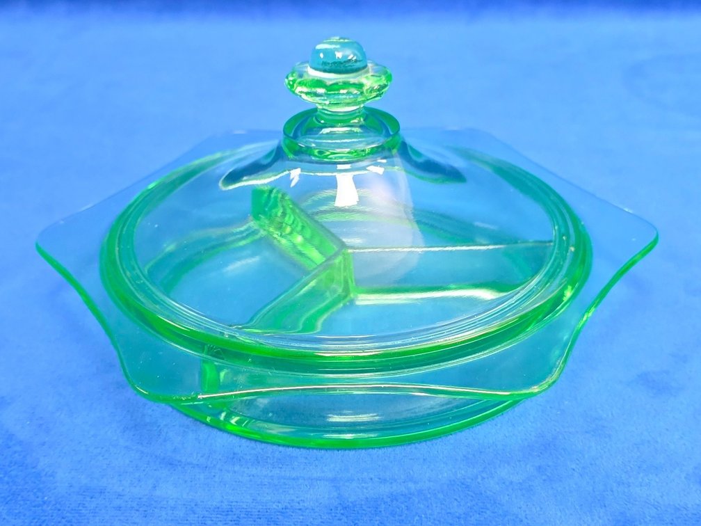 Vintage Uranium Glass Divided Candy Dish with Lid