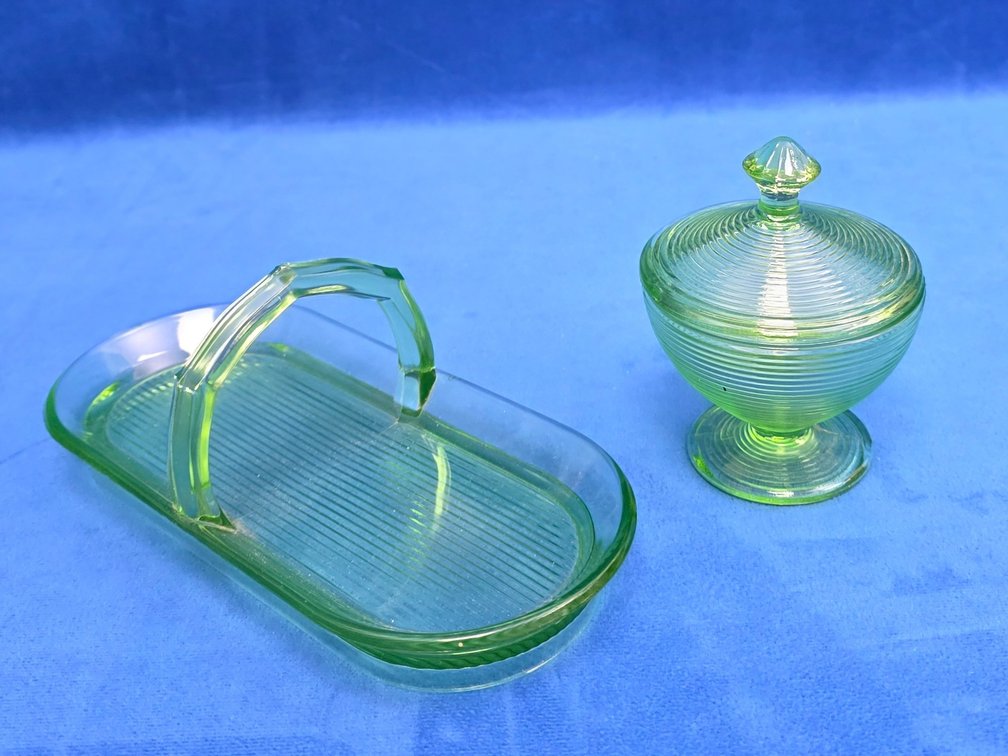 Vintage Green Uranium Glass Relish Dish and Lidded Sugar Bowl.