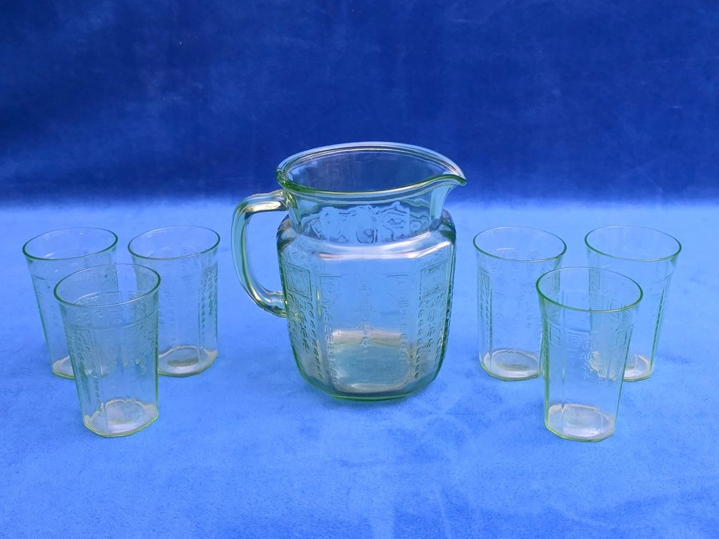 "Princess" Green Uranium Glass Pitcher and (4) Tumblers.
