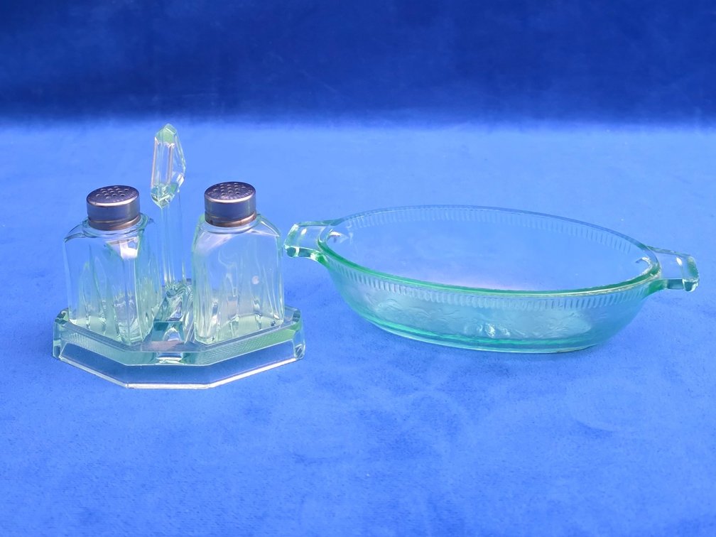 Vintage Green Uranium Glass Salt and Pepper Shakers w/ Caddy and Small Serving Bowl,